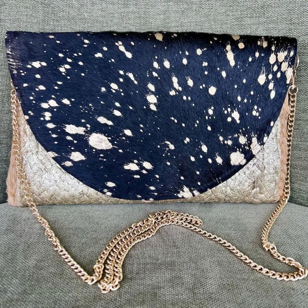 Fabulous MJ New York Tan & Black Gold Strap Fold-Over Straw Crossbody Bag animal